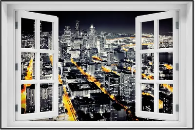 Produktbild von Wallario Wandbild mit Fenster-Illusion: Großstadt bei Nacht - Seattle in schwarz weiß gelb, Größe: 61 x 91,5 cm, Poster mit schwarzem Aluminiumrahmen