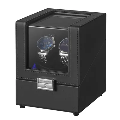 Obrázek produktu pro SONGMICS Automatický otáčecí stojan na hodinky, určený pro 2 hodinky, hodinková krabička s LED osvětlením, úložný prostor na šperky, uzamykatelný, 4 režimy otáčení, černá barva