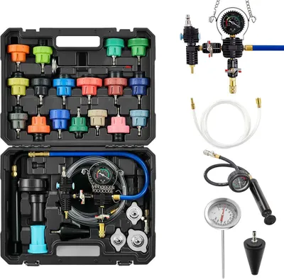 Produktbild von SucceBuy 47-teiliges Kühlmitteldruckprüfer-Set mit Metalladaptern, universell einsetzbar, Druckprüfwerkzeug für Fahrzeug-Kühlsysteme, inklusive Pumpe und Kunststoffbefüller