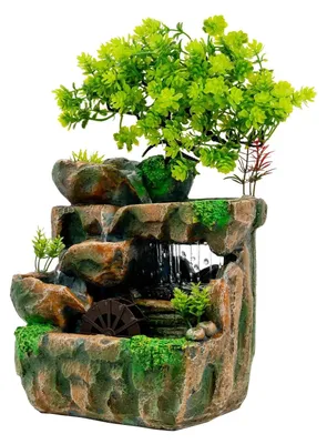 Produktbild von Indoor Tischbrunnen - LED Wasserfall mit Nebel - Dekorative Zimmerbrunnen Wasserfunktion - Harz Material - Grün