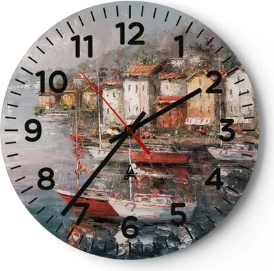 Produktbild von Wanduhr - Rund - Glasuhr - Meer Hafen Segel - 30x30cm - Schleichendes Uhrwerk - Lautlos - zum Aufhängen bereit - Dekoration Modern - Wanddekoration aus Glas - C4AR30x30-5136