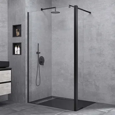 Produktbild von doporro Duschwand 100x200cm Walk-In mit 30cm Nebenteil, 8mm Duschabtrennung Bremen schwarz mit Stabilisator, aus Echtglas ESG-Sicherheitsglas Klarglas