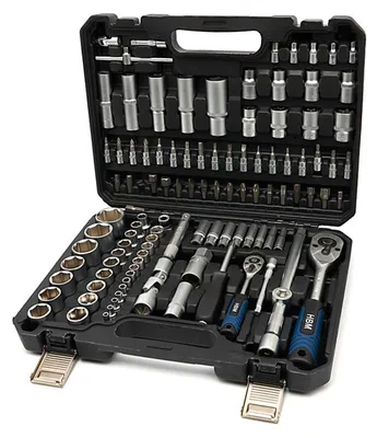 Immagine prodotto di Valigetta utensili professionale 108 pezzi, serie di chiavi a bussola Acciaio al carbonio, torx, cricchetti, prolunghe, kit attrezzi per auto, officina fai-da-te con attacchi 1/2" e 1/4", Hbm Machines