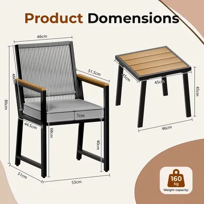 Immagine prodotto di Set di mobili da giardino in rattan - Set da balcone da 3 pezzi - 2 poltrone + tavolino - Struttura in metallo - Con cuscini - Nero grigio