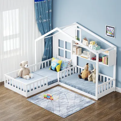 Produktbild von okwish Kinderbett Bodenbett 90x200 cm (140x70 cm) Mit Fenster und Schornstein in Form eines Hauses Mit Regalen, Raumhoher Massivholz-Bettkasten Mit Sicherheitsgitter und Lattenrost, Weiß,Ohne Matratze