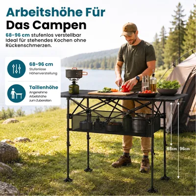 Imagen del producto de Mesa plegable para camping, con altura ajustable, ligera y compacta, ideal para uso en exteriores