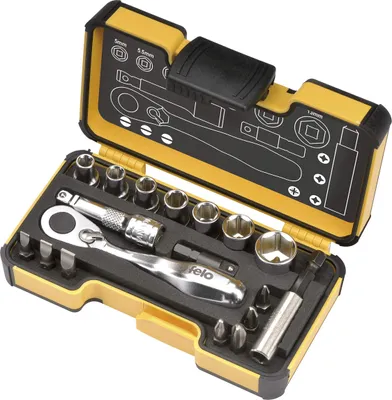 Produktbild von Felo Werkzeugsatz XS 18 1/4' mit Miniratsche, Bits, Steckschlüsseleinsätzen und Zubehör, 18-tlg