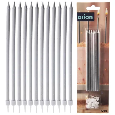 Obrázek produktu pro Orion dortové svíčky Narozeninové svíčky stříbrné dlouhé 14,5 cm 12 ks.
