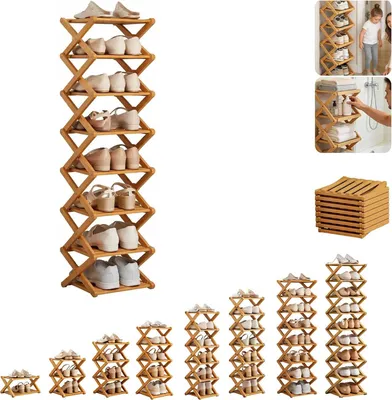 Produktbild von OKWISH Schuhregale, Bambus Schuhregal Mehrstufig, Schuhständer Naturfarben, Stapelbares Schuhregal ohne Montage, Platzsparendes Schuhregal Holz, Schuhablage für Flur, Wohnzimmer und Schlafzimmer, 8-stufig