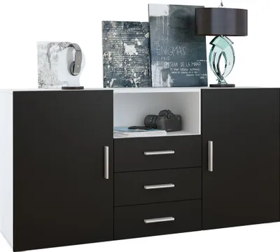 Produktbild von Vladon Sideboard Skadu, Kommode mit 2 Türen, 3 Schubladen und 1 offenem Fach, Weiß matt/Schwarz matt (138,5 x 71,5 x 35 cm)