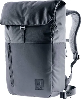 A studio shot of a gray Deuter backpack.