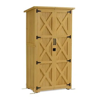 Produktbild von M MCombo Gartenschrank Holz, Gartenhaus Klein Wetterfest, Outdoor Gerätehaus Geräteschuppen, für Außenbereich Balkon Terrasse, 0878D-F (Natur)
