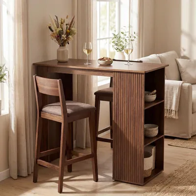 Image de Table de bar avec compartiments de rangement – Aspect noyer