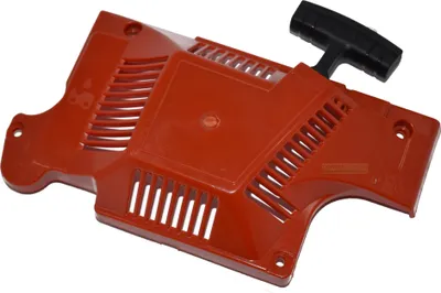 A red plastic starter pull for a chainsaw is shown against a white background.