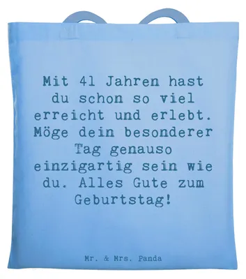 Produktbild von Mr. & Mrs. Panda Shopping Tasche Spruch 41. Geburtstag - Sky Blue - Geschenk, besonderer Tag, Tragetasche, Einkaufstasche, Jutetasche, Happy Birthday, Glückwunsch, Feier