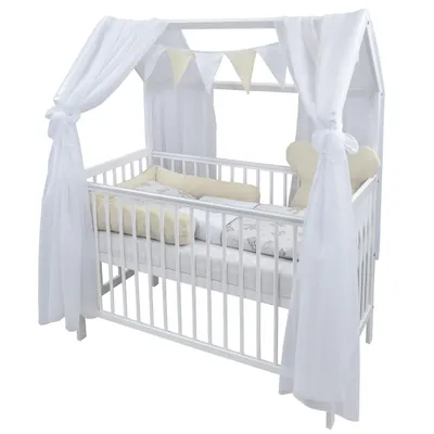 Produktbild von Baby-Delux Hausbett Kinderbett Gitterbett weiß 60x120 Beißschienen Matratze Bett Set Waffelpique Bärchen beige