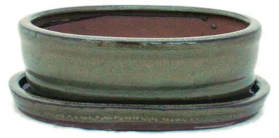 Produktbild von Bonsai-Schale mit Unterteller Gr. 2 - Oliv-Braun - oval - Modell O7 - L 15,5cm - B 12cm - H 4,5cm