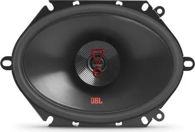 A close-up, front-facing view of a JBL car speaker.