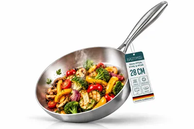 Produktbild von Batoris Edelstahlpfanne Unbeschichtet - Induktion - Profi Bratpfanne 28cm - Perfekt als Steakpfanne & Pastapfanne ohne Beschichtung - Brat- Universalp, KI-generiertes Bild