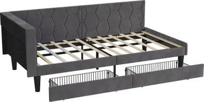 Image de Lit de jour - Canapé-lit - 140 x 200 cm - Structure métallique - 2 tiroirs - Avec panneaux latéraux - Revêtement en tissu - Gris