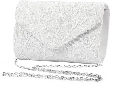 Image de Élégante pochette en satin avec une lanière décorative, blanche, pour les mariées et les mariages