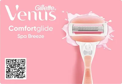 A pink background with a Gillette Venus ComfortGlide Spa Breeze razor and text.