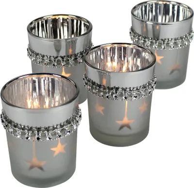 Produktbild von Teelicht-Halter 4 Stück aus Glas silber mit Kristallen