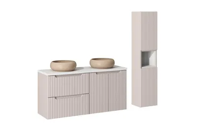 Produktbild von Badmöbel-Set 2 Aufsatzwaschbecken & Unterschrank 60 cm Mit  Hochschrank Arbeitsplatte120 cm, Nova Cashmere N BM148 - Kaschmir Matt/Weiß Matt