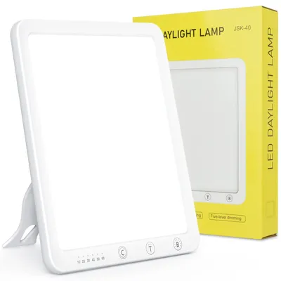 Produktbild von Husgw Tageslichtlampe 10000 Lux, Tageslichtleuchte mit Memory Funktion, 6 Timer, 3 Lichtfarben, LED Sonnenlicht Daylight Lampe mit Stufenlosem Dimmer, 90° Halterung, UV-frei Vollspektrumlampe