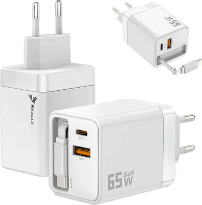 Produktbild von GaN PD 65W PD Schnellladegerät 1x USB-C,1x QC 3.0 Iphone Aufrollbares Kabel