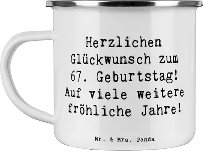 Produktbild von Mr. & Mrs. Panda Teetasse Spruch 67. Geburtstag Freude - Weiß - Geschenk, Herz, Teebecher, Gratulation, Geschichten, Emaille Tasse, Kaffeepott, Outdoor Becher, Pott