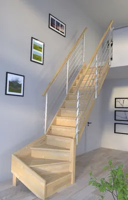 Produktbild von Holztreppe Korfu 1/4 gewendelter Ausführung rechts-Design Geländer Edelstahl-beidseitig-mit Setzstufen
