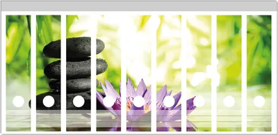 Produktbild von Wallario Ordnerrücken Sticker, selbstklebend für breite Ordner, 9 Stück, Motiv Steinstapel in schwarz mit Blumenblüte in lila