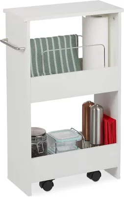 Immagine prodotto di Carrello da cucina - 2 ripiani - Portaoggetti su ruote per la cucina - Legno - Portaoggetti stretto per il bagno - MDF - 67 x 20 x 43 cm - Bianco