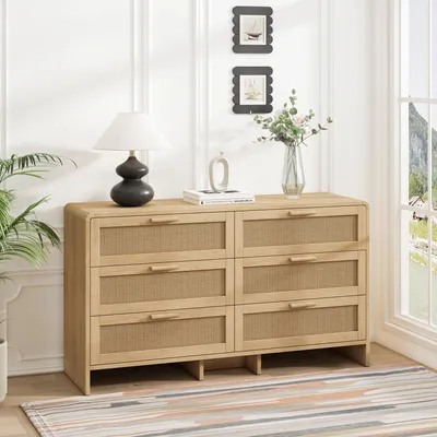 Image de OKWISH Commode en Rotin Naturel avec 6 Tiroirs - Meuble de Rangement pour Salon, Chambre ou Cuisine - 130×40×74 cm - Naturel