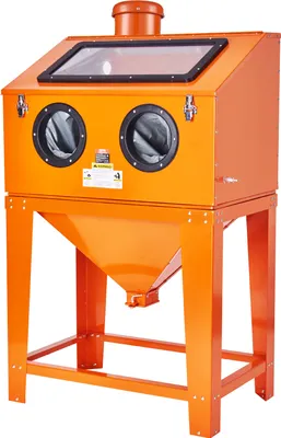 An orange sandblasting cabinet with a stand is shown against a white background.