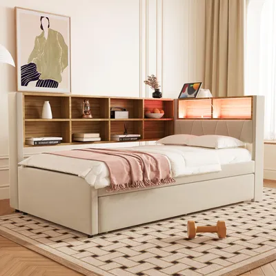Produktbild von STILVORA Schlafsofa 90x200cm Daybett mit LED Leuchten & Steckdosen,Kinderbett mit vielen Ablagefächern,Beige(ohne Matratze)