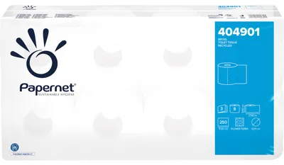 Produktbild von Toilettenpapier 404901 3-lagig 250 Blatt weiß 8 Rollen Packung mit 9 Stück