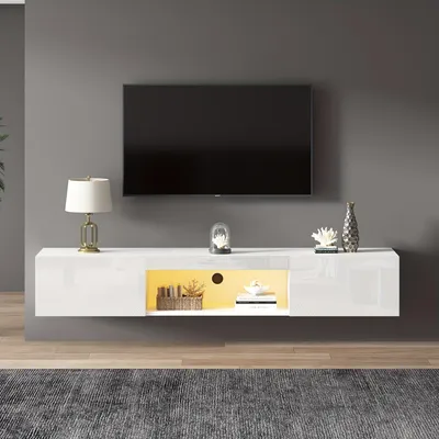 Obrázek produktu pro TV nábytek - TV skříňka - Bílá TV skříňka - Nástěnná skříňka - Lesklá TV skříňka - 160x31x22 cm - Nosnost 30 kg