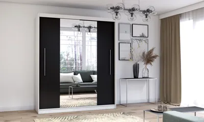 Produktbild von Schwebetürenschrank Kleiderschrank Schrank 204cm mit Spiegel Weiß/Schwarz Torino