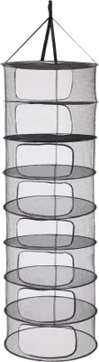 A hanging drying net with multiple shelves.