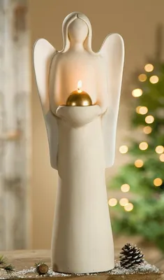 Zdjęcie produktu dla GILDE Świecznik na świece typu tealight, motyw anioł "Lucia" | Ceramika, kolor kremowy | Wysokość 49 cm | Numer artykułu: 30777 | EAN: 4009079307771