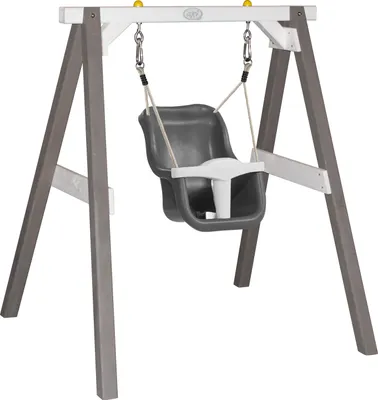 Produktbild von AXI Babyschaukel mit Gestell aus Holz , grau & Weiß für den Garten | Outdoor Schaukel für Babys und Kleinkinder | Für Kinder ab 9 Monate | Schaukelsitz in Grau & Weiß
