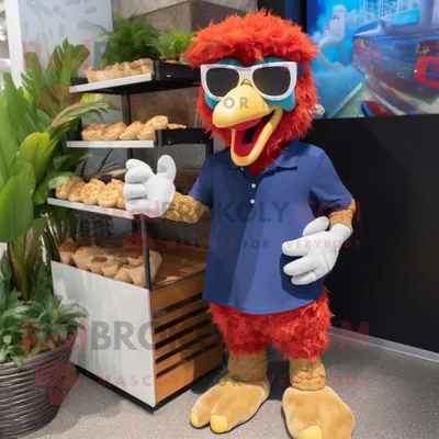 Produktbild von Maskottchen REDBROKOLY kostüm mit Huhn und Parmesan in Marineblau bekleidet mit Bermudashorts und Sonnenbrille