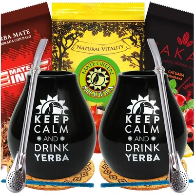 Produktbild von Yerba Mate-Tee Set für Zwei - Schwarz Keramik mate-tee becher 350ml x2 - Brasilian und Paragua Mate-Tee Set 3x50g mit Guarana, Krauter und Frucht
