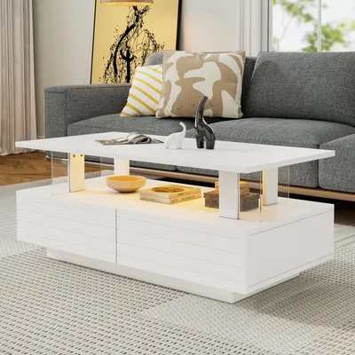 Image de Table basse LED Merax 100x50cm avec App- & télécommande, table de salon avec 2 tiroirs et espace de rangement, verre acrylique, éclairage RGB, blanc brillant