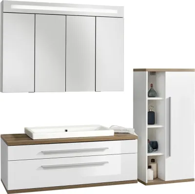 Produktbild von Fackelmann STANFORD Badmöbel Set 4-teilig, 110 cm breit, Weiß, Keramik+Spiegelschrank+Midischrank