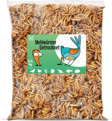 Produktbild von Mersjo Premium Mehlwürmer getrocknet 1kg 6.5L Vielfältige Leckereien für Tiere: Insekten als Snack für Vögel, Fische, Schildkröten, Nager, Igel, Reptilien