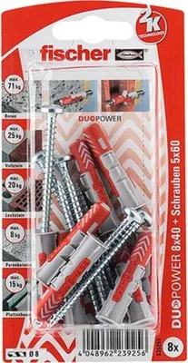 Zdjęcie produktu dla Fischer DuoPower, Zestaw śrub i kołków rozporowych, Autoklawowany gazobeton, Cegła, Beton, Kamień, Płyta gipsowa, Nylon, Szary, Czerwony, Pozidriv, 8 mm