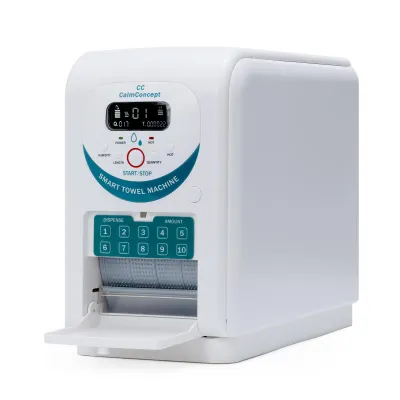 Imagen del producto de Dispensador CalmConcept® para toallas calientes con función de humidificación y calentamiento (hasta 60 °C), pantalla LED, dispensación rápida (2 segundos) y sistema higiénico de toallas desechables